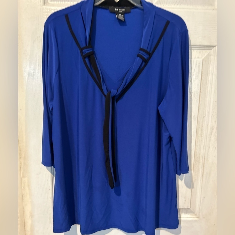 NWOT “Liz McCoy” Royal Blue and Black accents Blouse